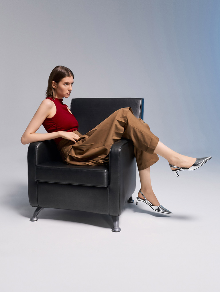 Women’s Metallic Pointed-Toe Slingback Kitten Heels in silver - CHARLES & KEITH