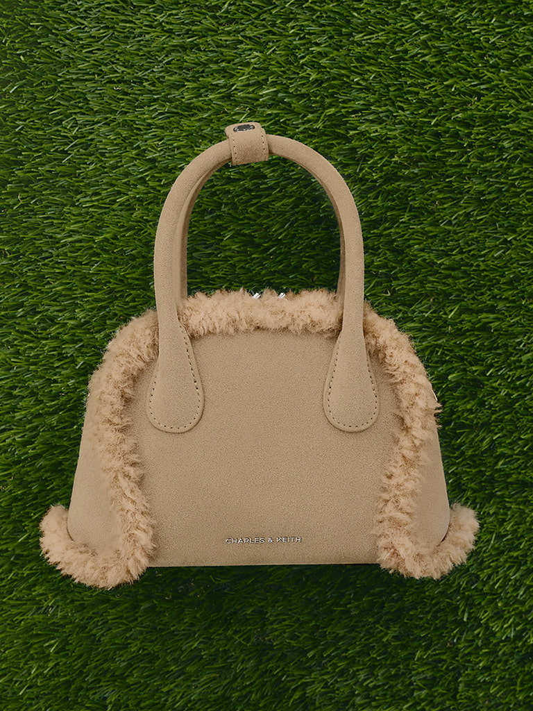 Women's Nelly Recycled Suede & Faux Shearling Bowling bag in nutmeg beige - CHARLES & KEITH