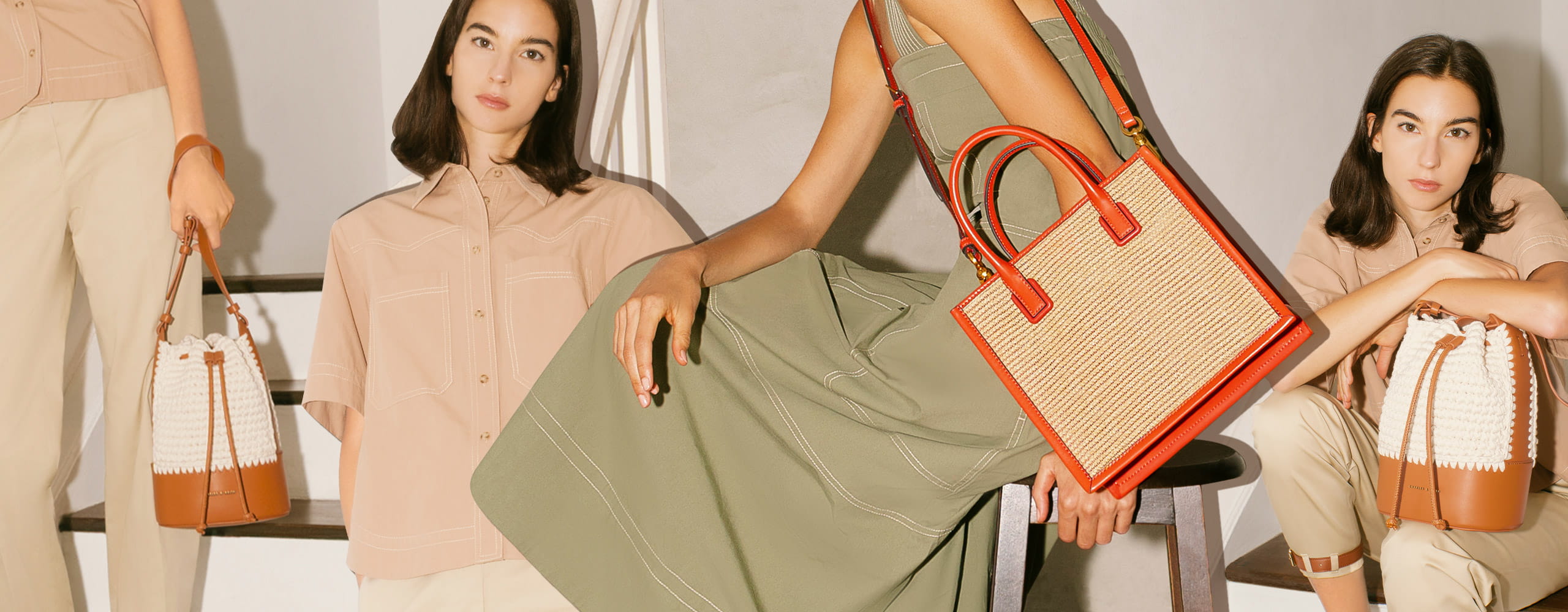 Women’s raffia double handle tote bag and crochet drawstring bucket bag - CHARLES & KEITH