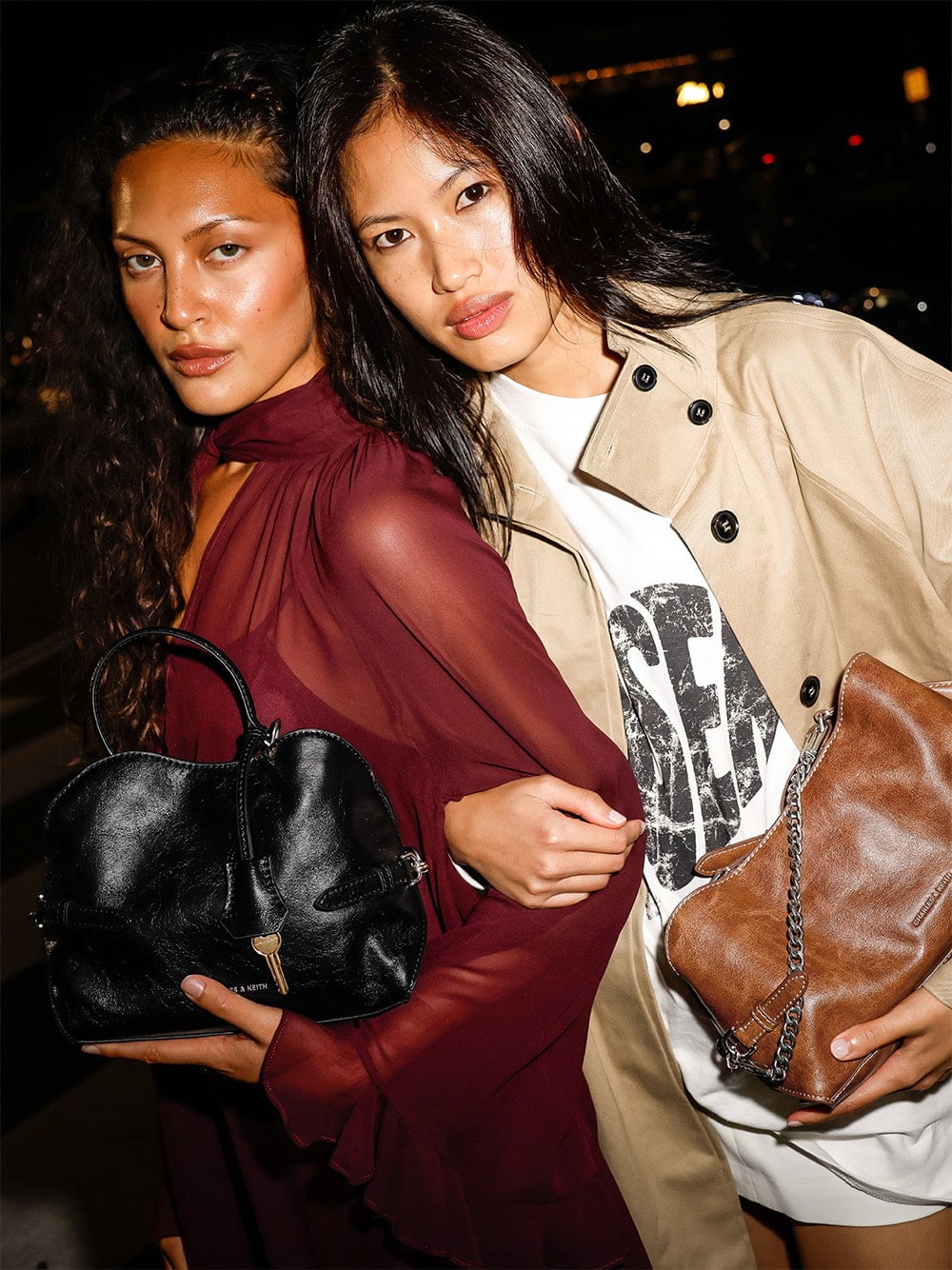 Delfina Chain Side-Belt Tote Bag in black and distressed tan - CHARLES & KEITH