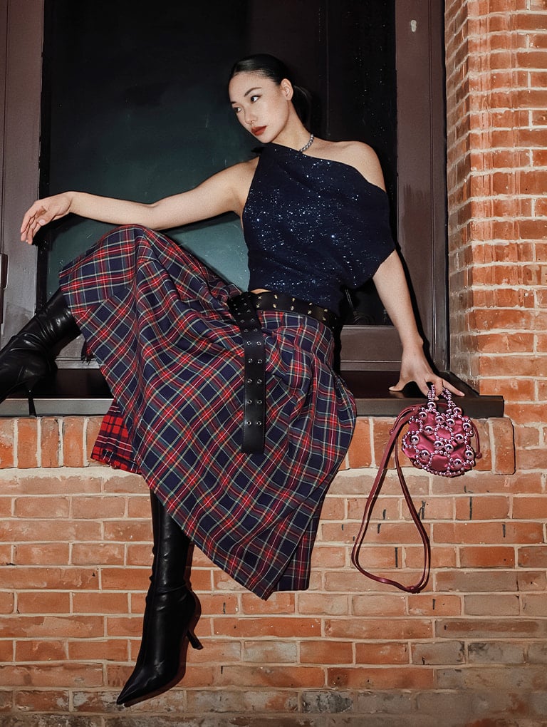 Women’s beaded top handle bag, metallic beaded necklace and slant-heel knee-high boots,, as seen on Bao Gongzi - CHARLES & KEITH