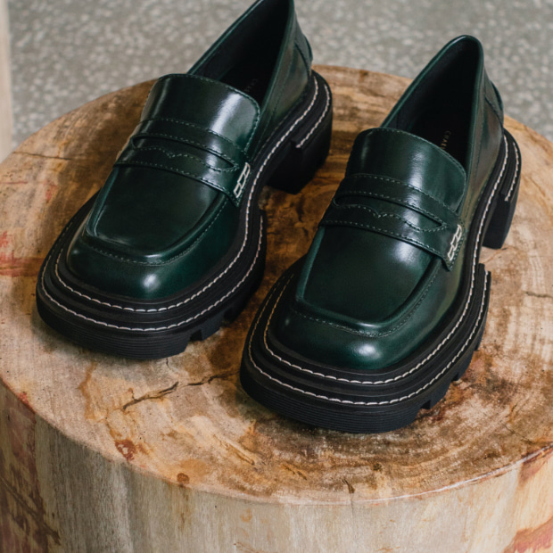 Women’s Perline chunky penny loafers in dark green - CHARLES & KEITH