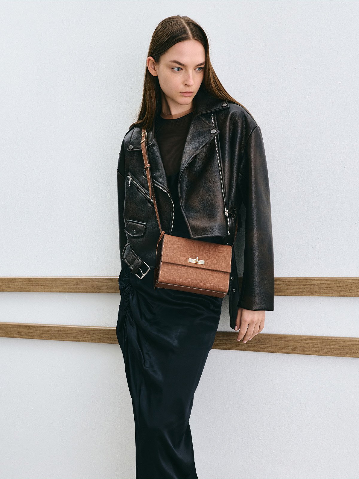 Mocha Brown Britton Recycled Suede Elongated Shoulder Bag - CHARLES & KEITH