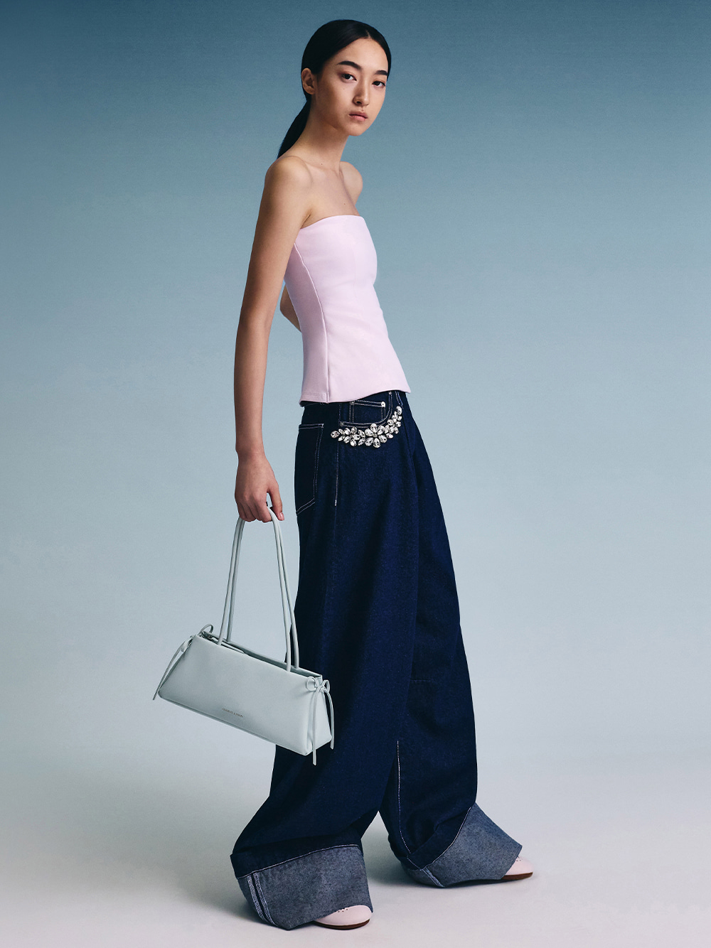 Women’s Hazel Bow Elongated Trapeze Shoulder Bag in Sea Salt Blue - CHARLES & KEITH