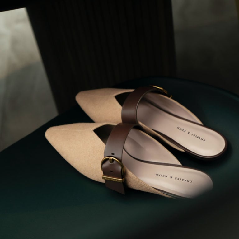 women’s textured v cut buckled flat mules in beige (close up) - CHARLES & KEITH
