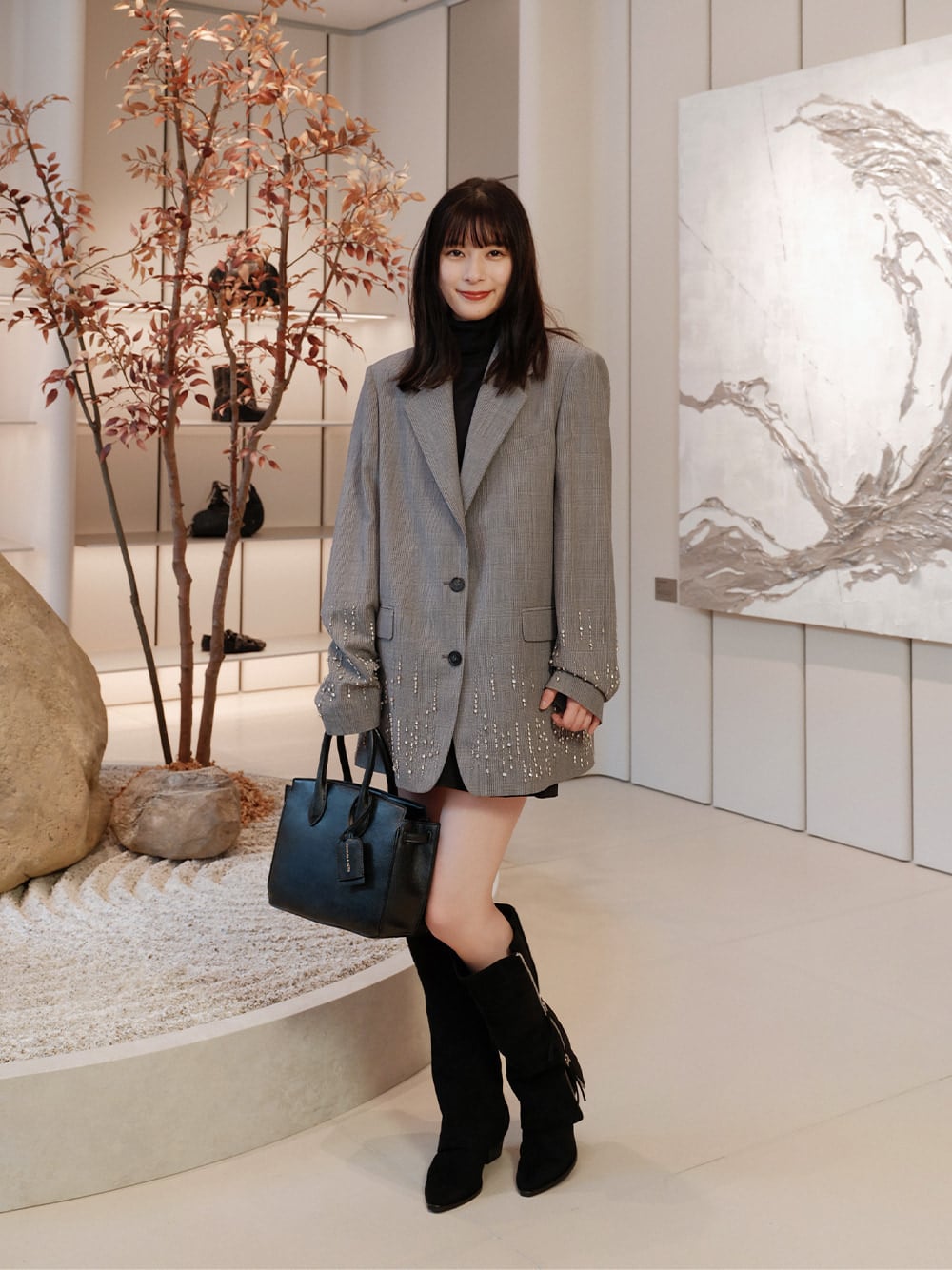 Large Ginevra Tote Bag in black and Aether Faux Suede Tassel-Zip Knee-High Boots in black textured - CHARLES & KEITH