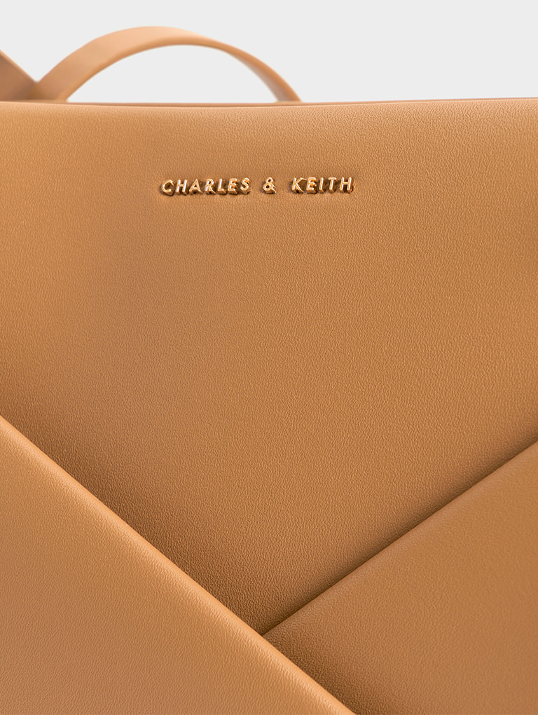 Women's fur-trim lock & key chain handle bag in camel - CHARLES & KEITH