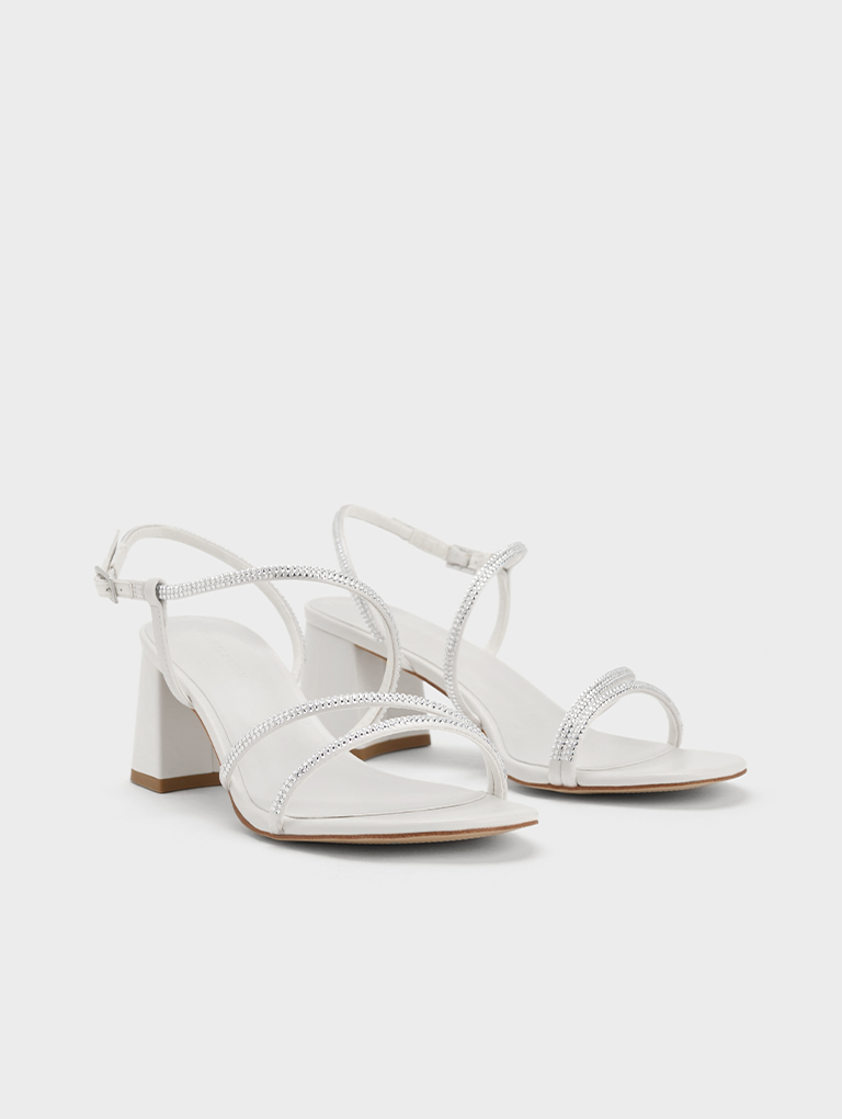 Women’s satin crystal-embellished strappy sandals in white (close up) – CHARLES & KEITH