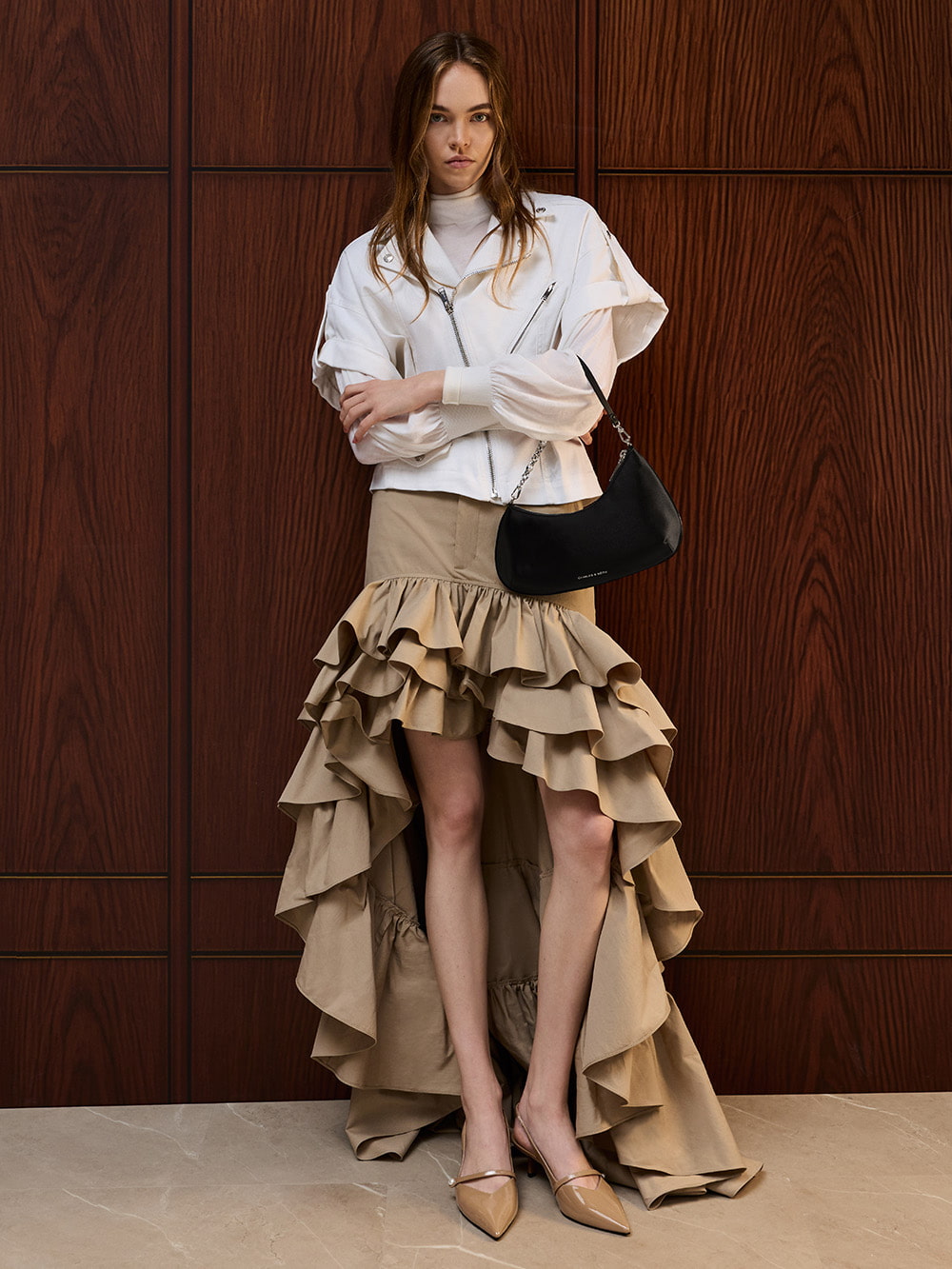 Women’s Dion satin chain-link asymmetrical shoulder bag and Dorian patent bow pointed-toe stiletto-heel pumps - CHARLES & KEITH