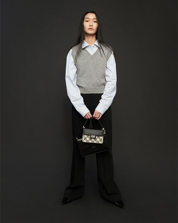 Women’s Black Leather & Canvas Monogram Shoulder Bag - CHARLES & KEITH