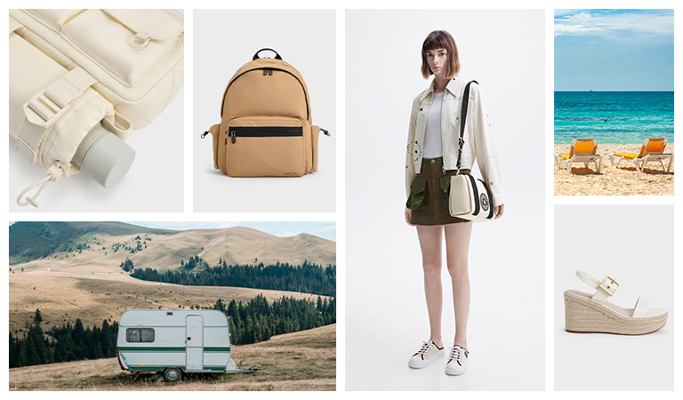 Women’s Soleil nylon multi-pocket crossbody bag in cream, Soleil nylon backpack in camel, Kay canvas slip-on sneakers in multi, buckled espadrille wedges in white - CHARLES & KEITH