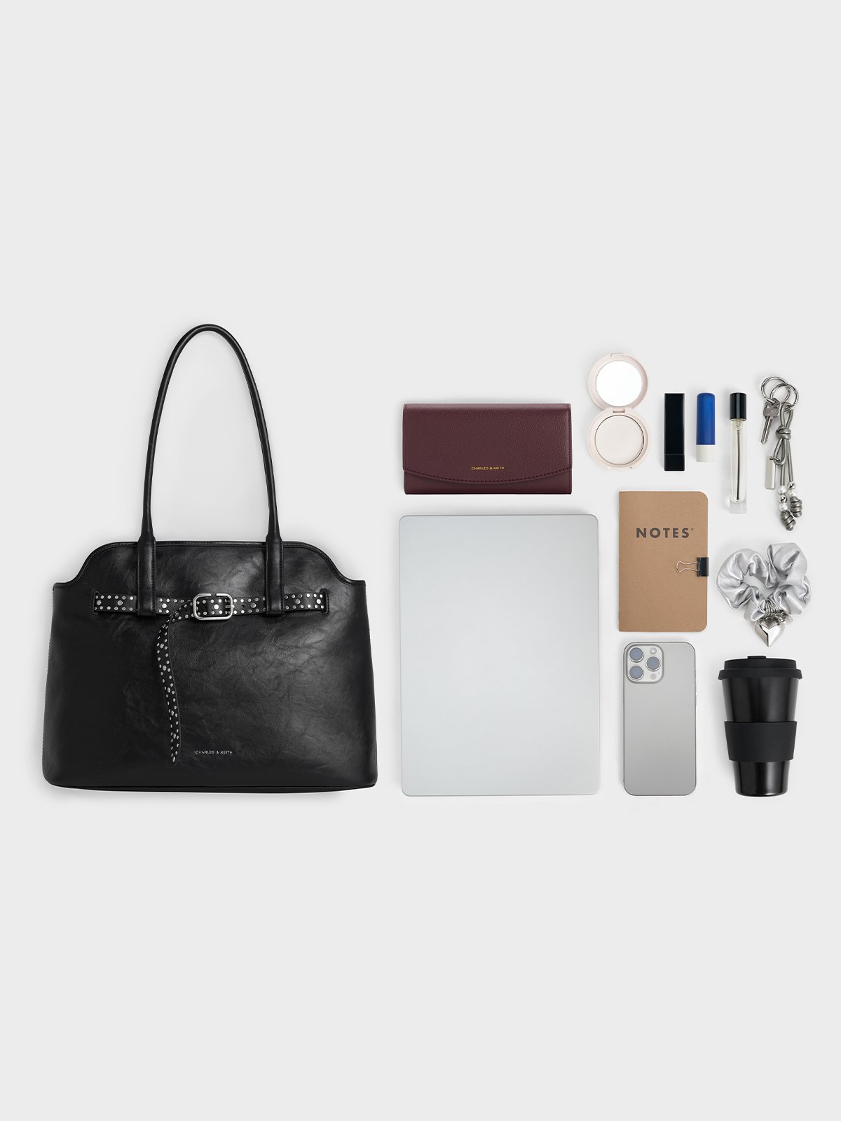 Victoria Studded Belted Trapeze Tote Bag -  CHARLES & KEITH
