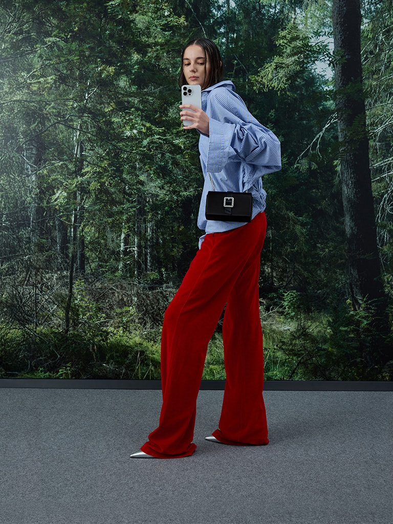 Satin Crystal-Buckle Belted Chain-Handle Bag in black — CHARLES & KEITH