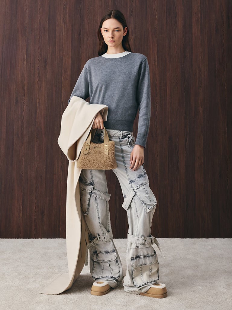 Women's Mini Shania Faux Shearling Double-Handle Tote bag in nutmeg beige - CHARLES & KEITH