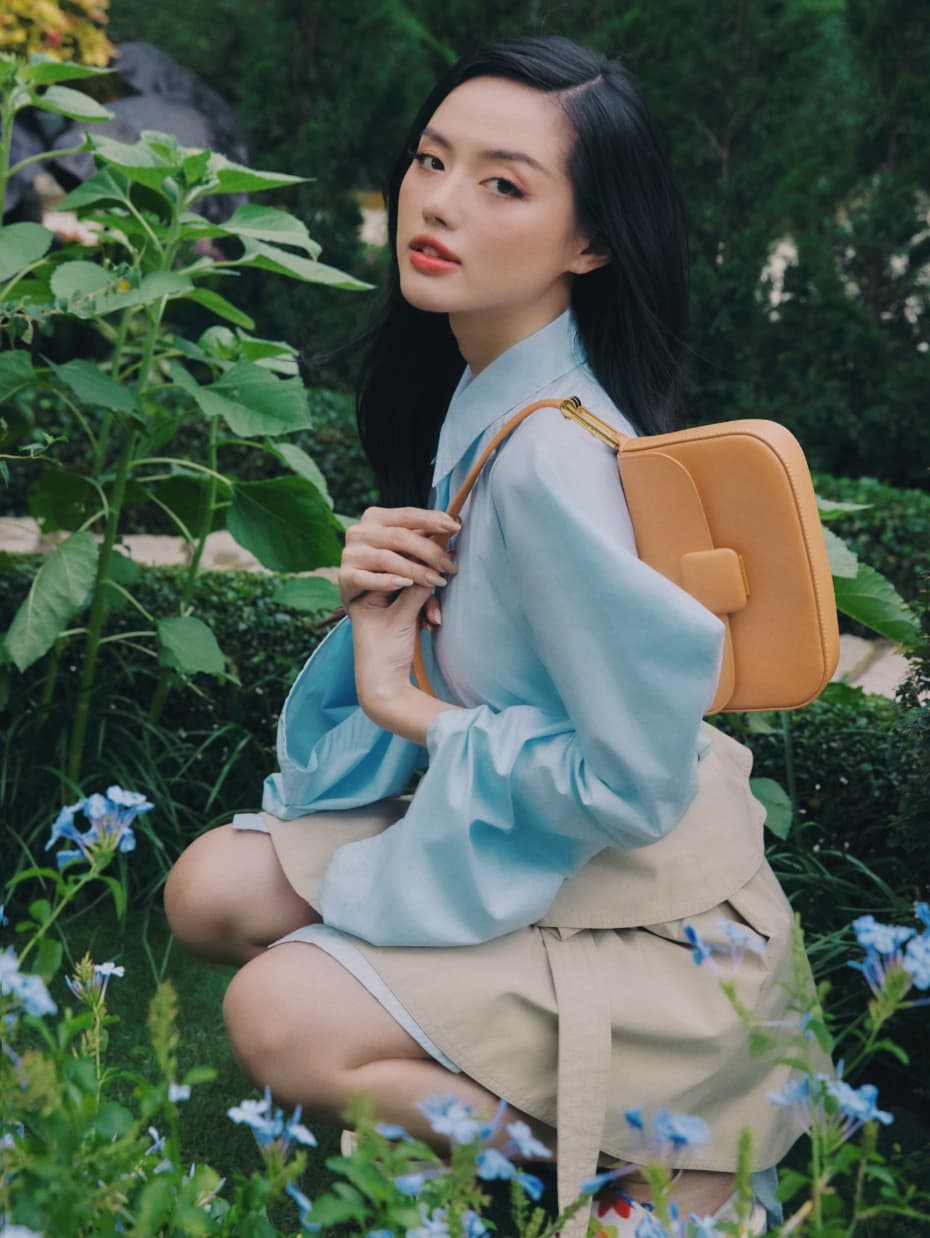 Women’s Koa square push-lock shoulder bag and Alex recycled polyester tie-around thong sandals, as seen on Khanh Linh - CHARLES & KEITH