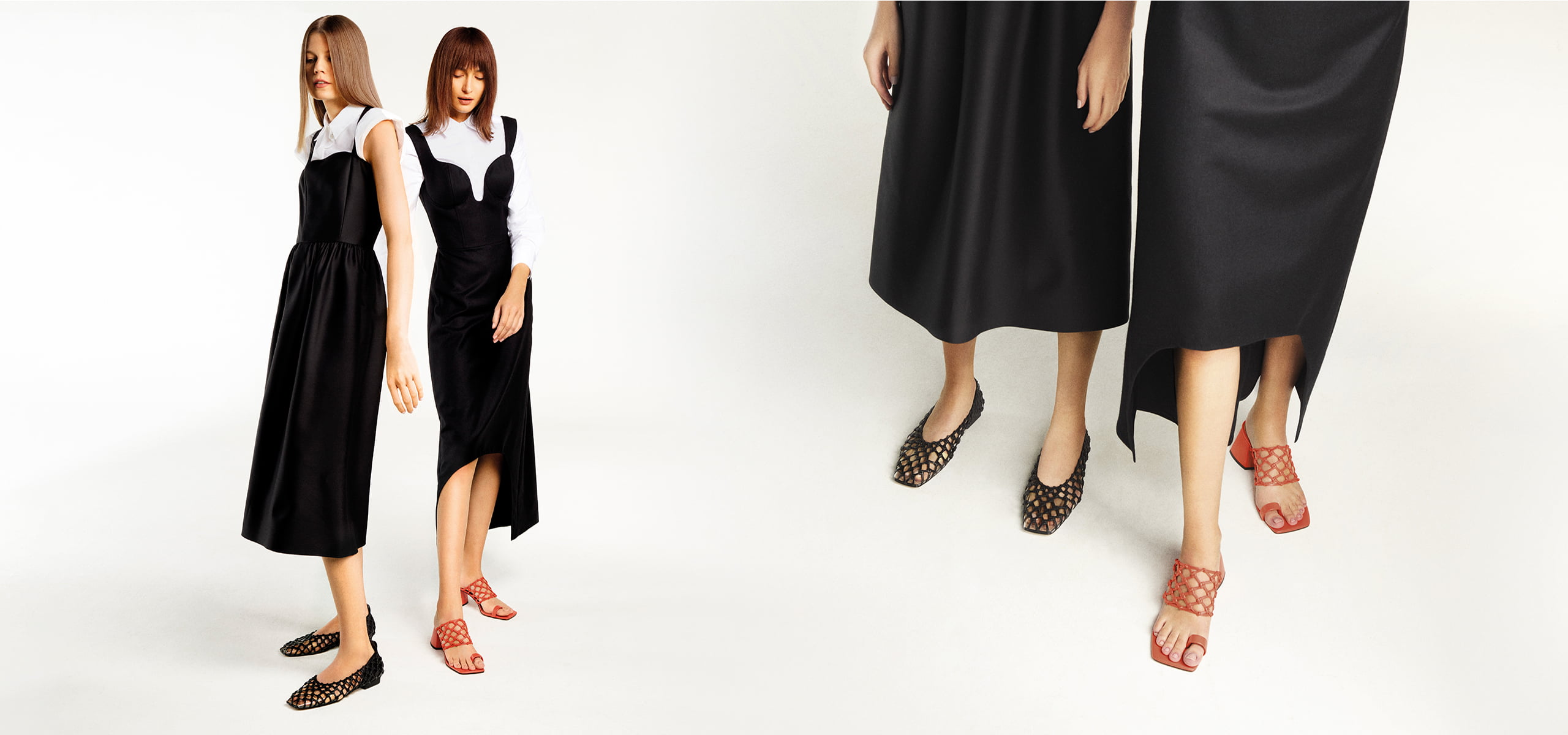 Women’s woven caged ballerina flats in black and woven toe ring sandals in orange – CHARLES & KEITH