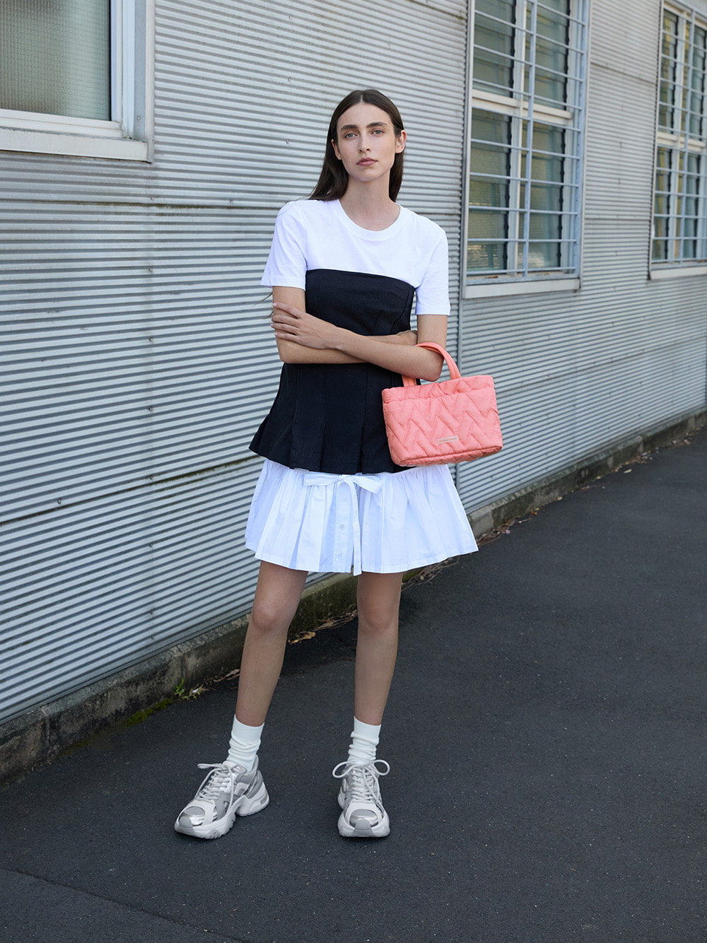 Women’s metallic mesh contrast-trim chunky sneakers in silver and nylon chevron boxy tote bag in guava pink - CHARLES & KEITH