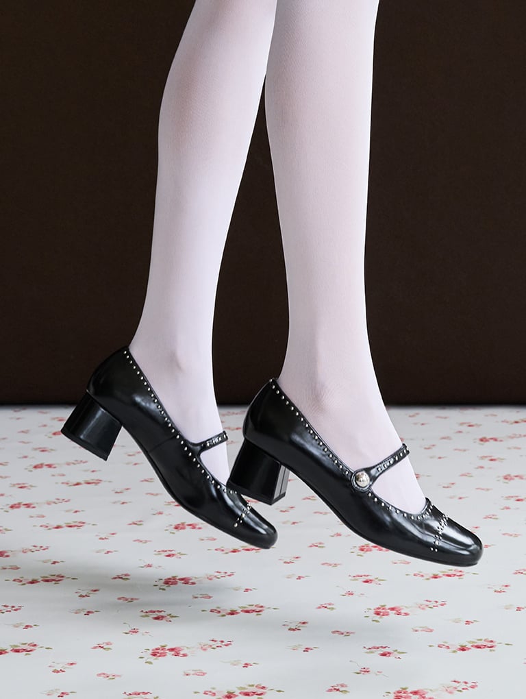 Women’s studded Mary Jane pumps in dark brown (close up) – CHARLES & KEITH