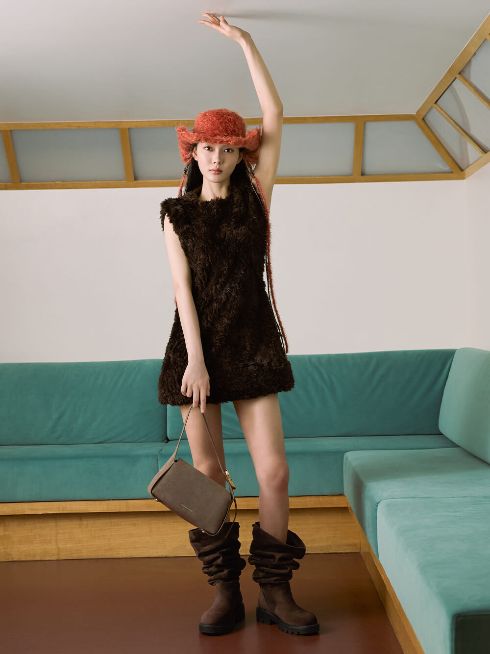 Aislin Shoulder Bag in stone grey and Camilla Faux Suede Thigh-High Boots - CHARLES & KEITH