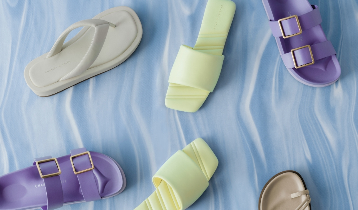 Women’s square toe padded slide sandals, toe loop strappy flat sandals, metallic buckle slide sandals, and padded platform thong sandals – CHARLES & KEITH
