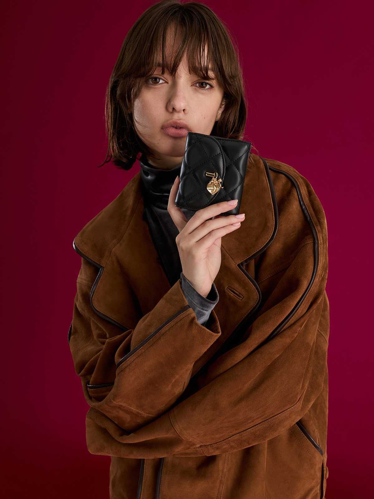 Cream Arrietty Quilted Bow-Heart Charm Belted Card Holder - CHARLES & KEITH