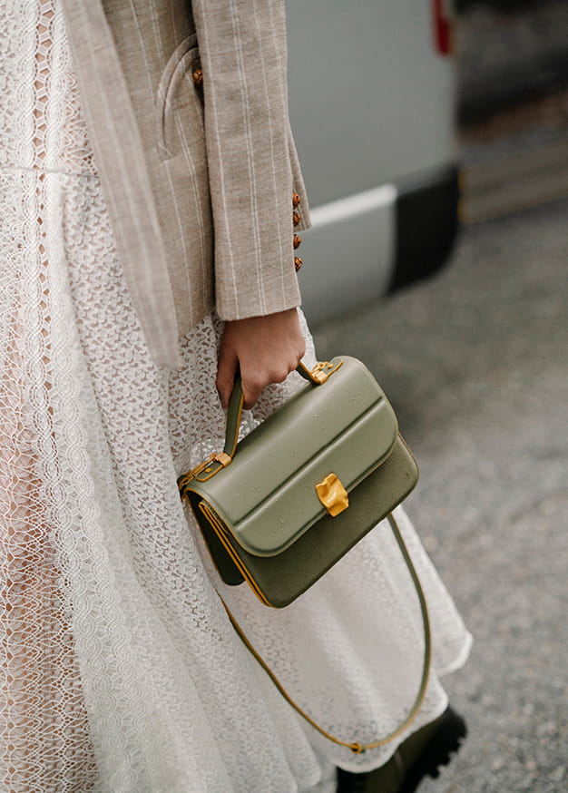 Women’s textured hammered buckle bag in sage green (close up) – CHARLES & KEITH