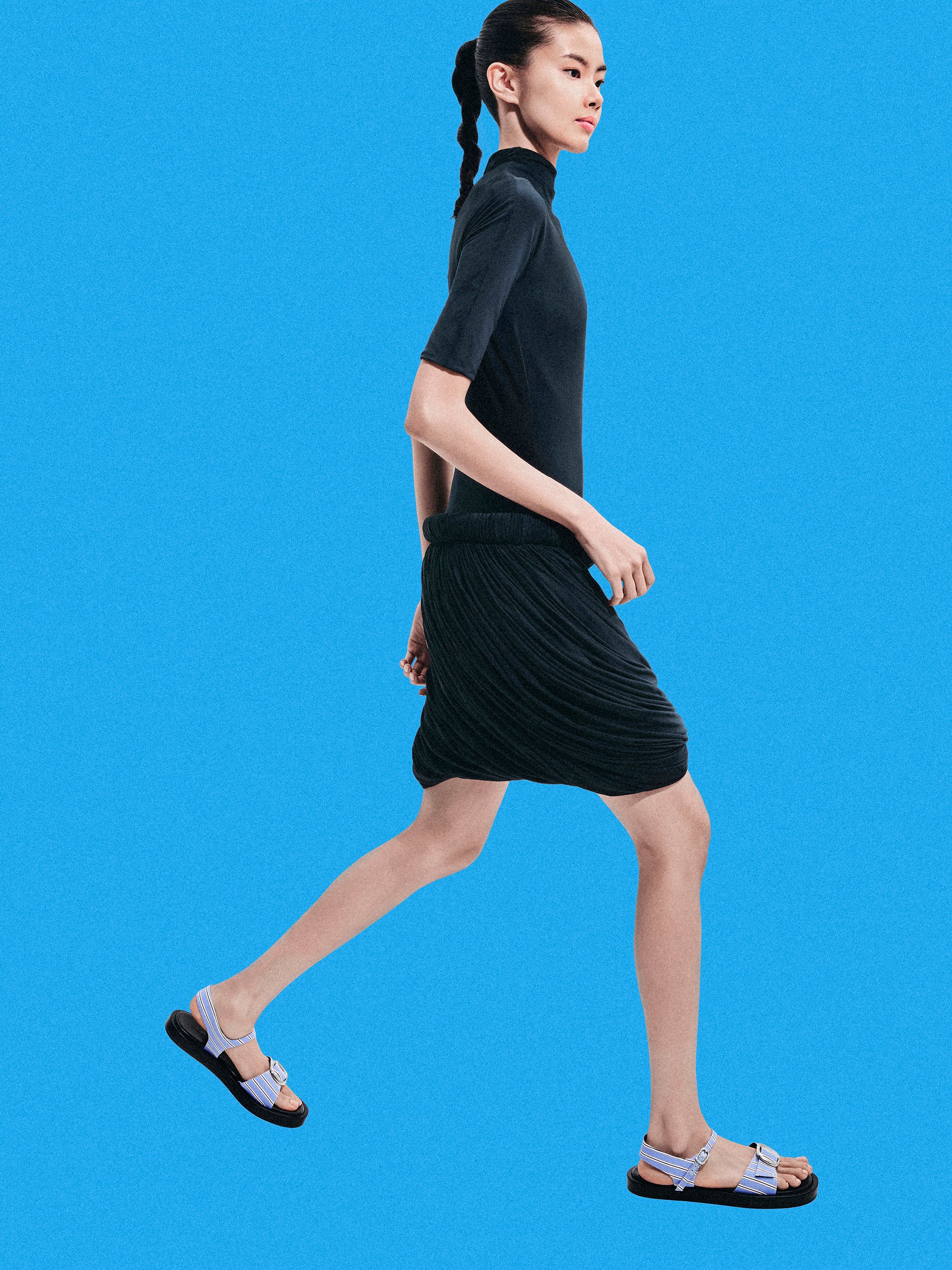 Striped Buckled Slingback Sandals, Blue, hi-res