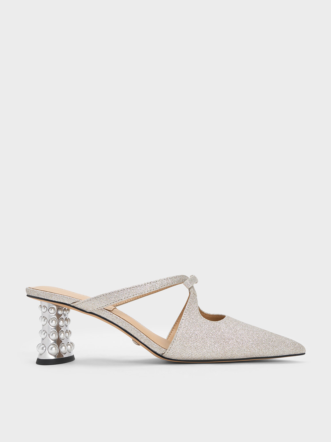 Charles & Keith Beaded Heel Glittered Bow Mules In Silver