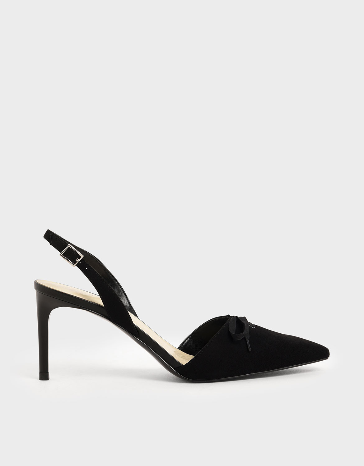 

Ribbon Tie Textured Slingback Heels, Black