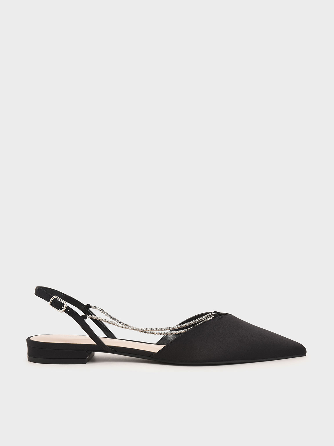 

Satin Gem-Embellished Slingback Flats, Black