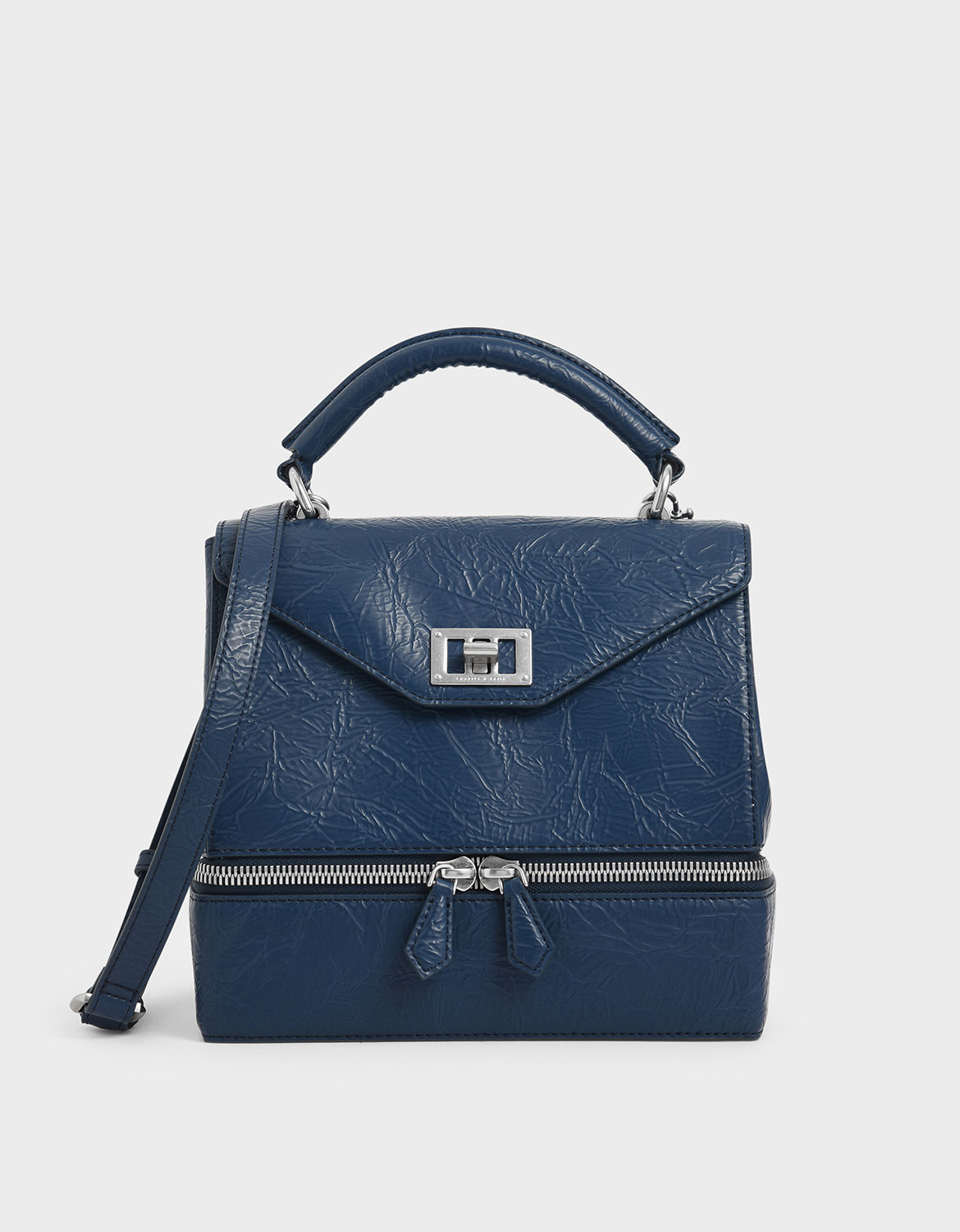 

Wrinkled Effect Two-Way Zip Top Handle Bag, Blue