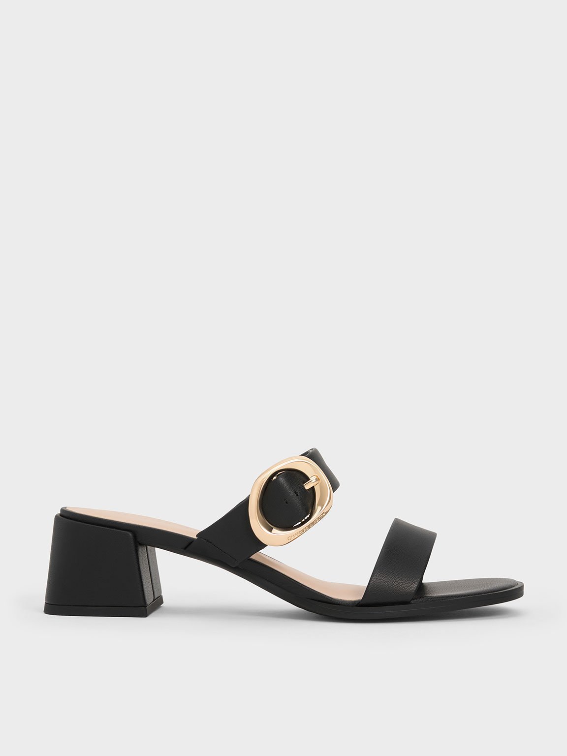 Oval-Buckle Heeled Mules