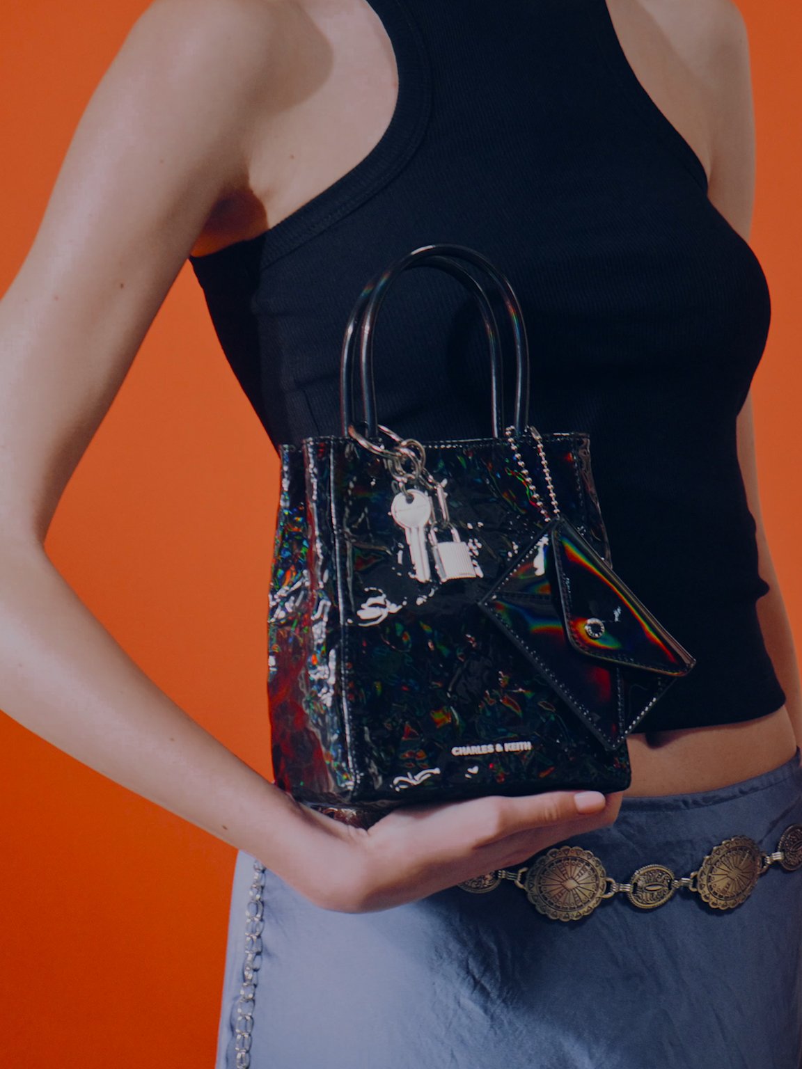 Matina Patent Crinkle-Effect Elongated Tote Bag, Prism Noir, hi-res