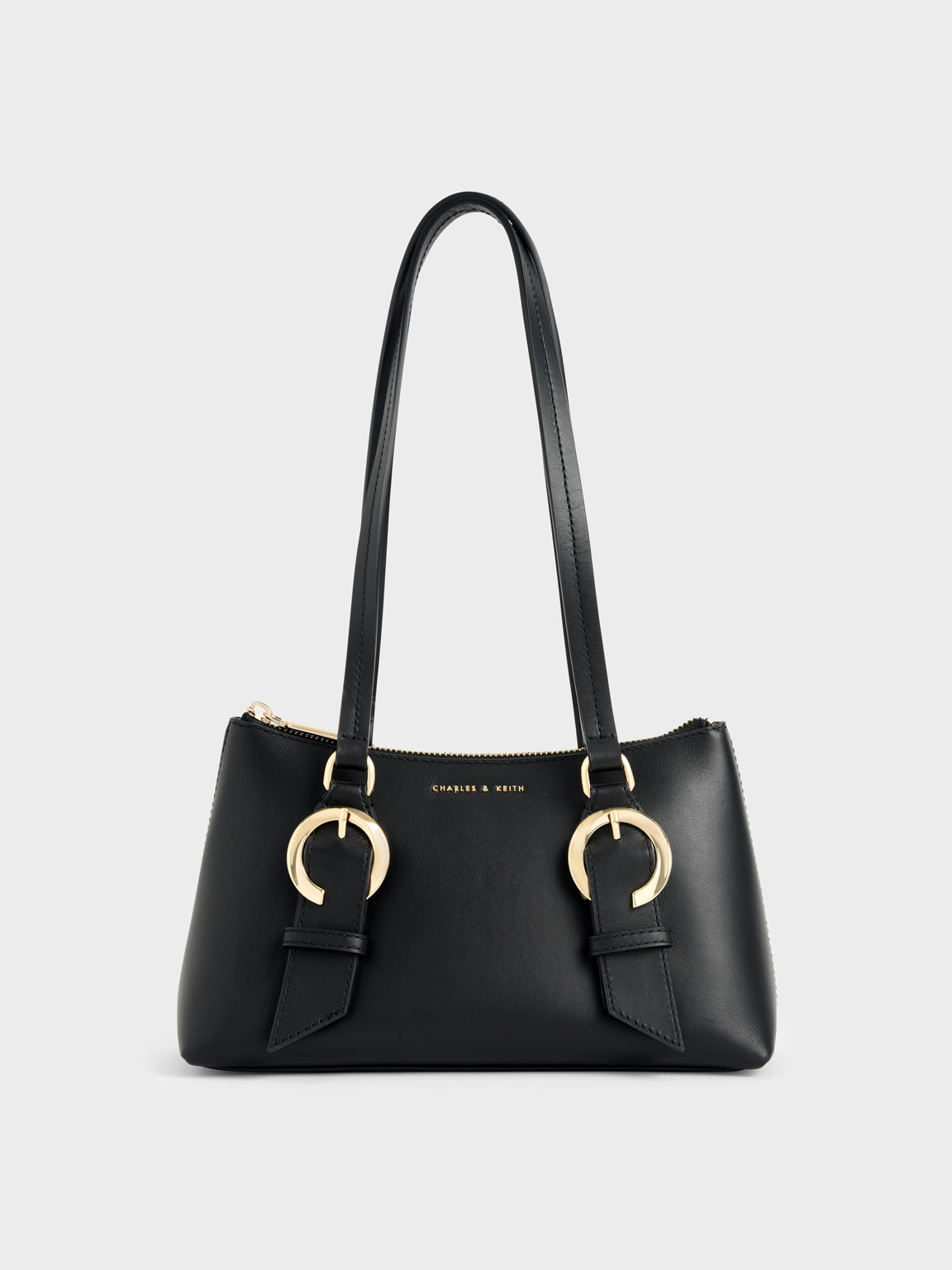 

Ring Buckle Leather Shoulder Bag, Black