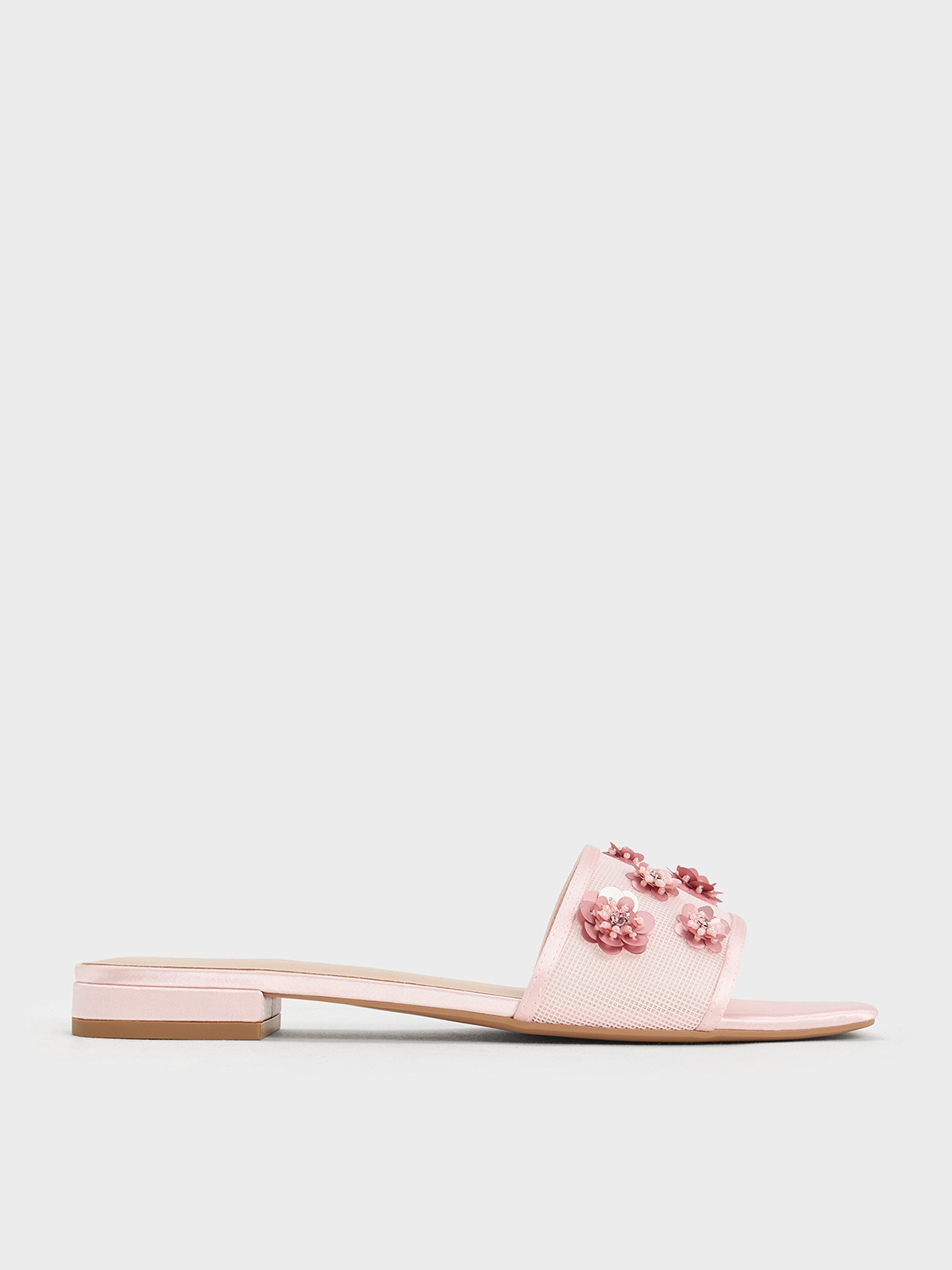 Charles & Keith - Mesh & Satin Sequin-flower Slide Sandals In Pink