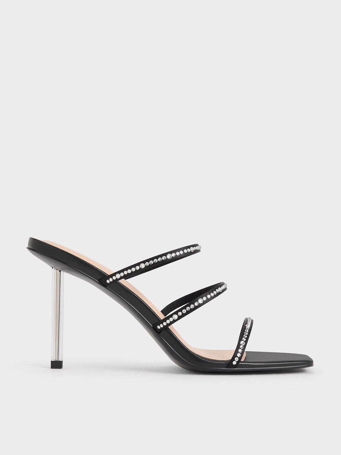 Charles & Keith Recycled Polyester Crystal-embellished Strappy Mules In Black