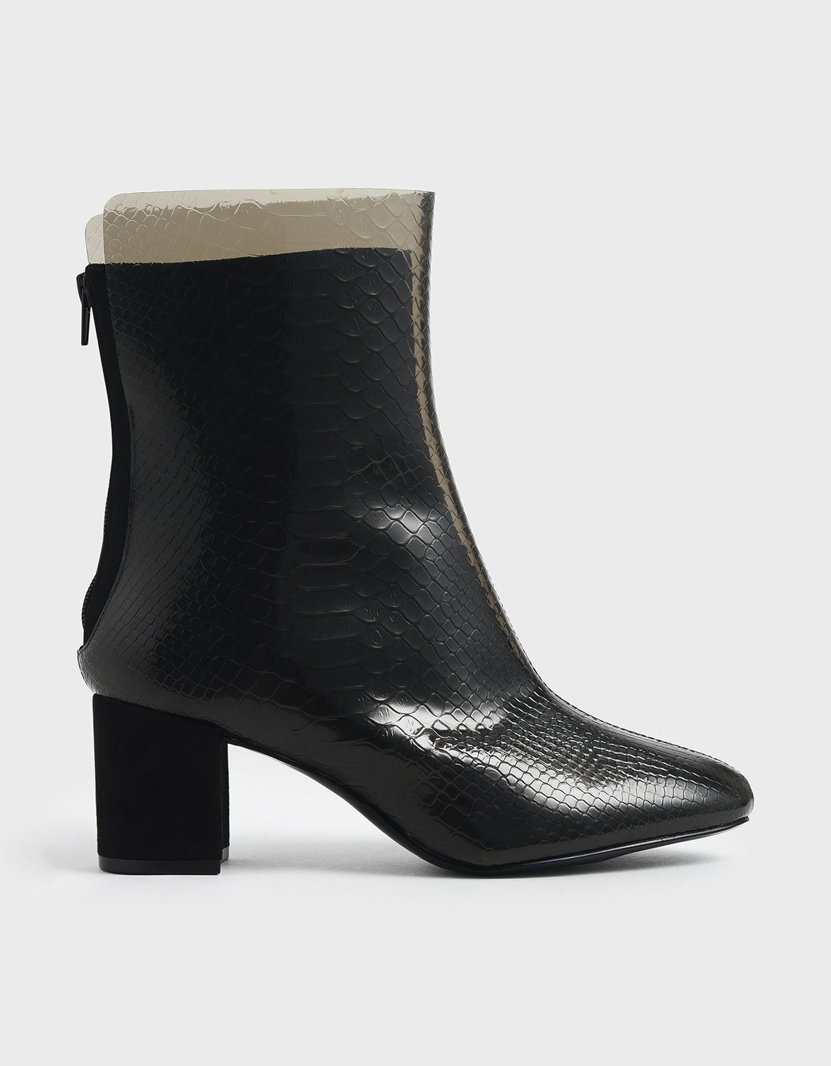 

Snake Print See-Through Effect Block Heel Calf Boots, Black