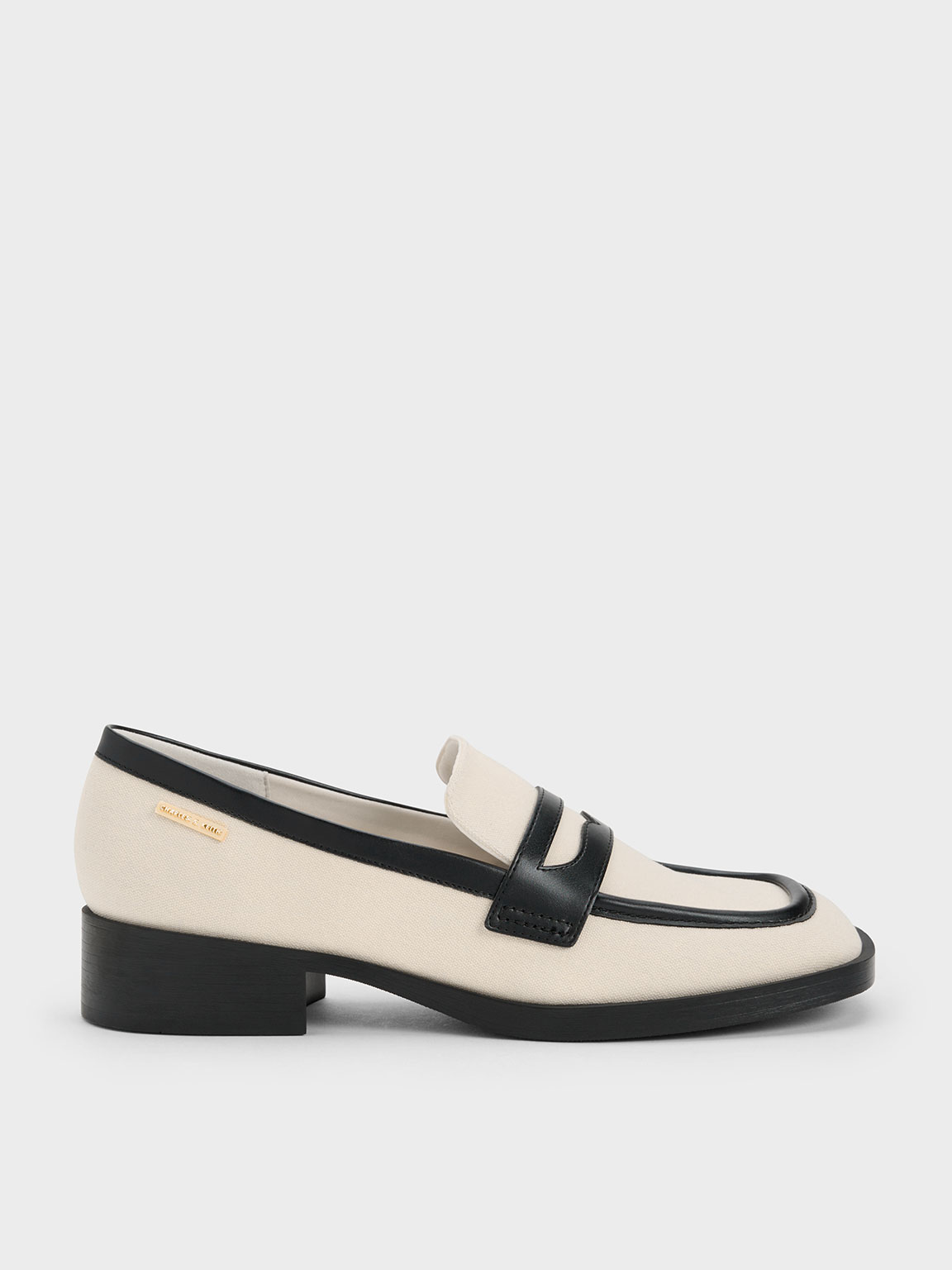 Charles & Keith Canvas Cut-out Penny Loafers In Black Textured