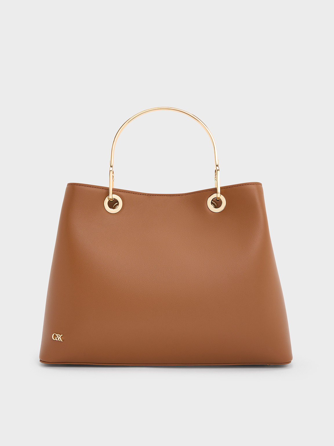 Charles & Keith - Leather Boxy Ring-handle Bag In Cognac