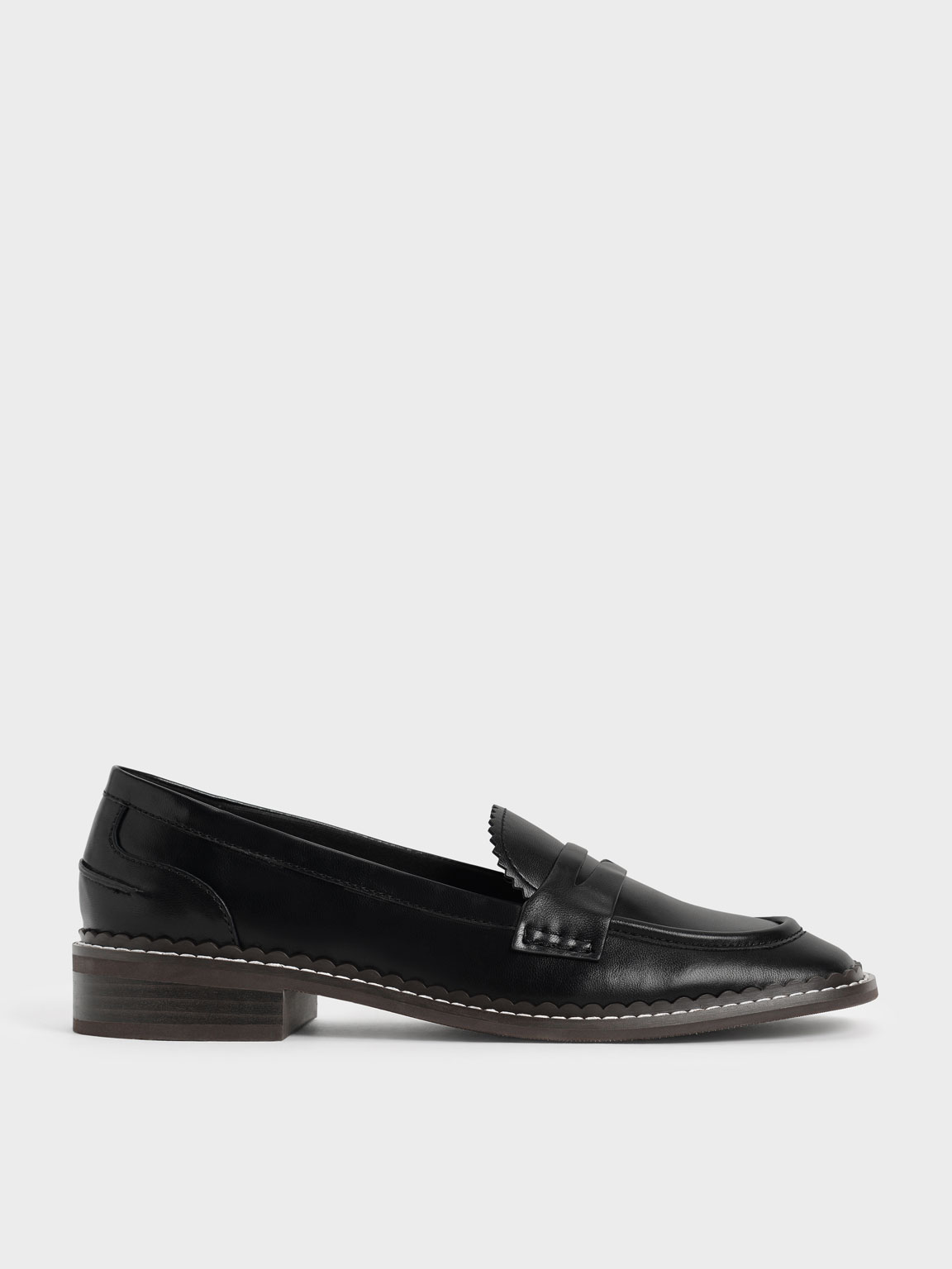 

Scallop-Trim Penny Loafers, Black