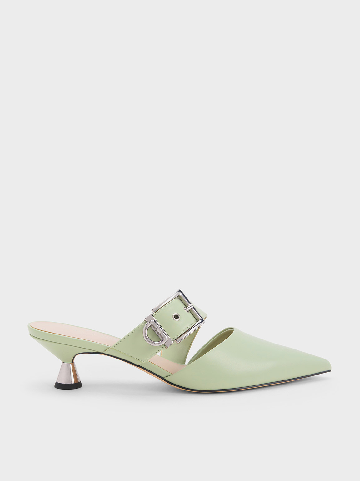 Charles & Keith Asymmetric Buckle Heeled Mules In Sage Green