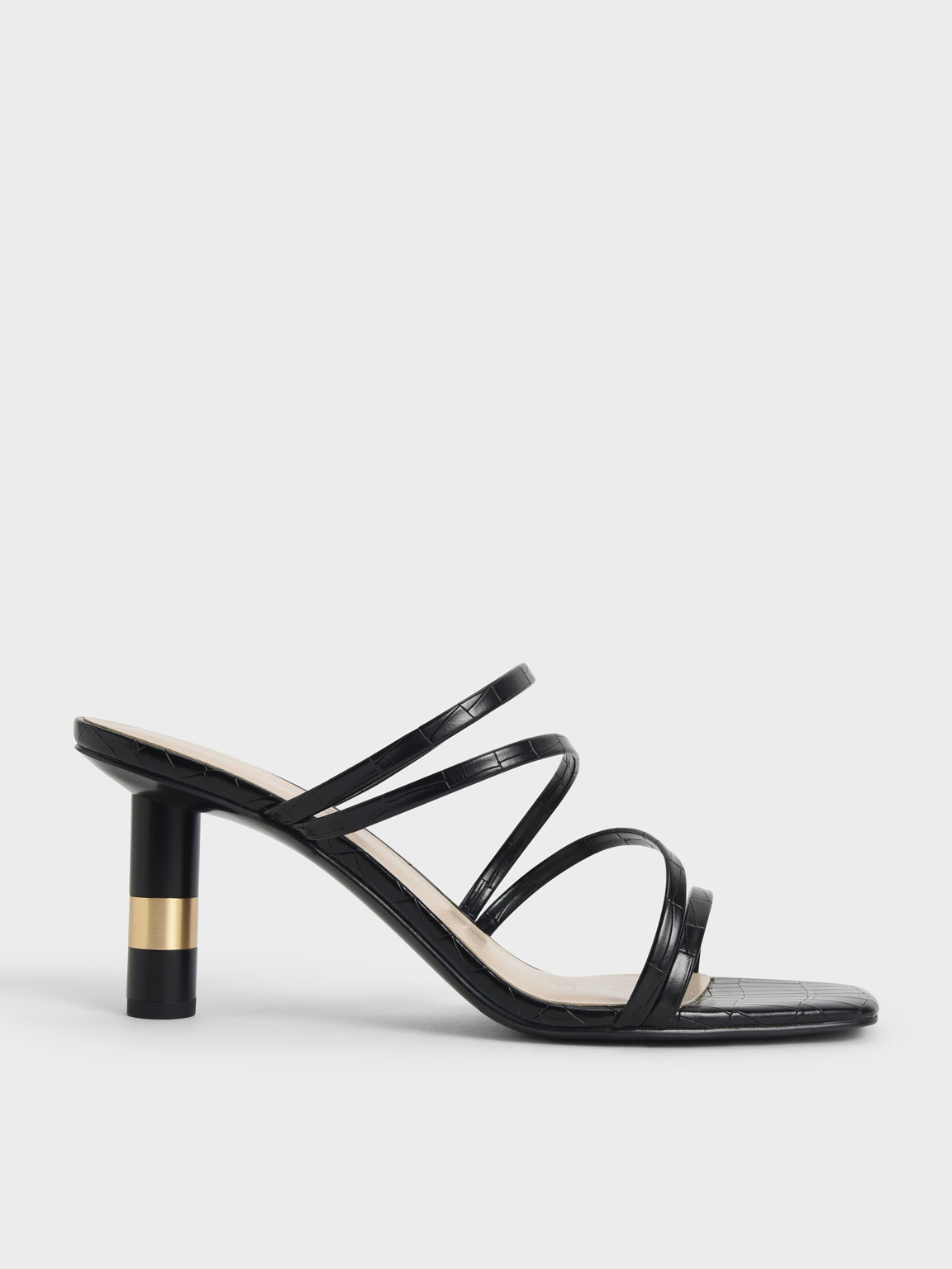

Croc-Effect Cylindrical Heel Mules, Animal print black