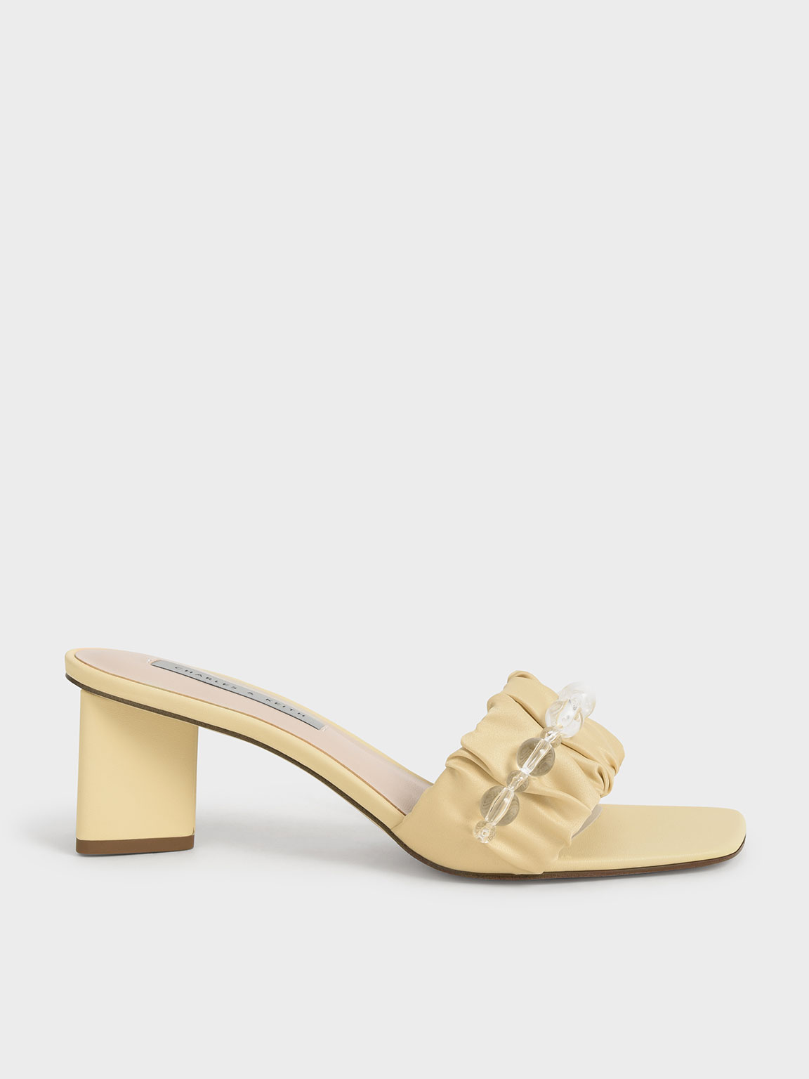 

Beaded Ruched-Strap Satin Mules