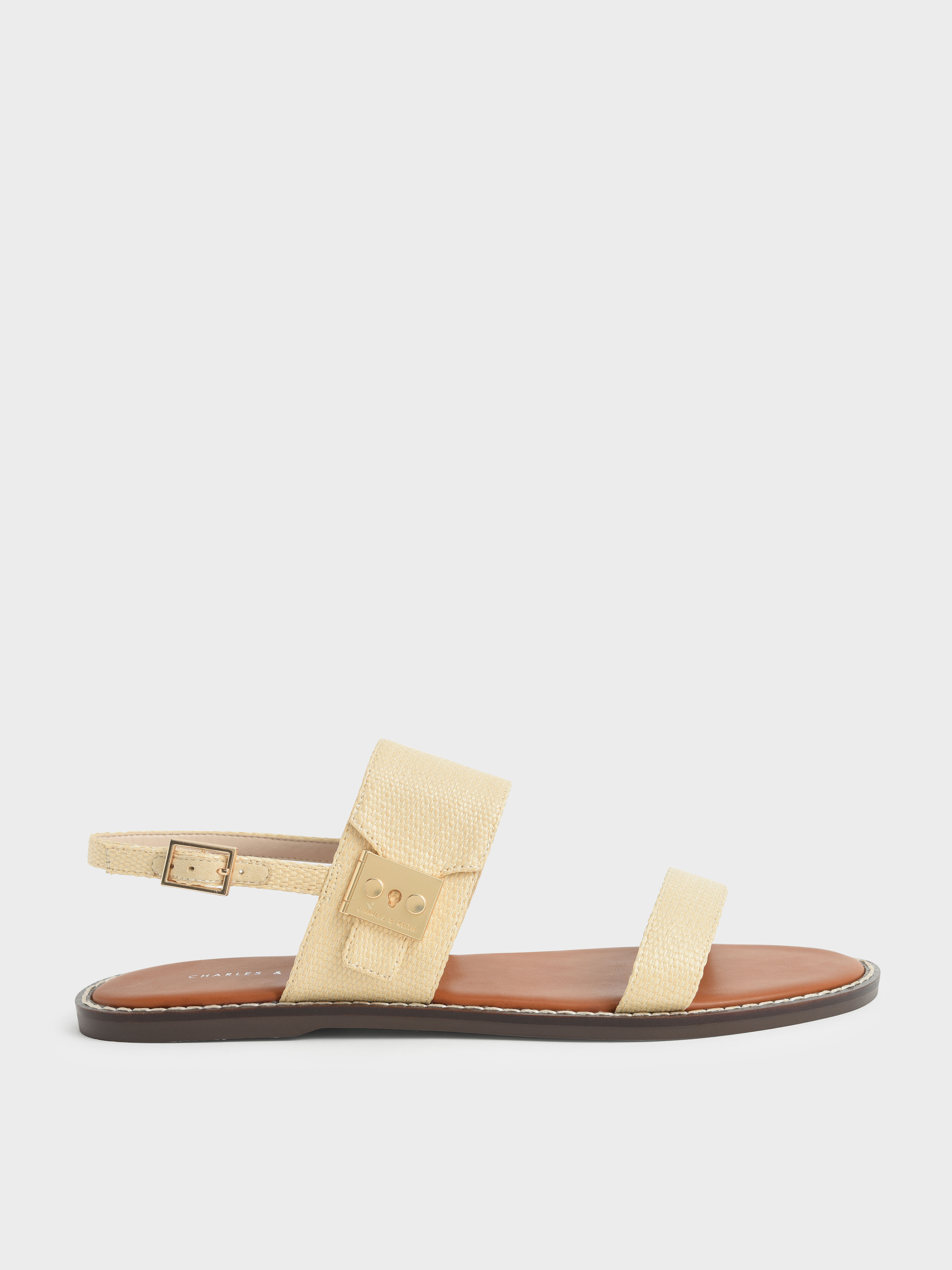 

Raffia Metallic Buckle Sandals, Sand