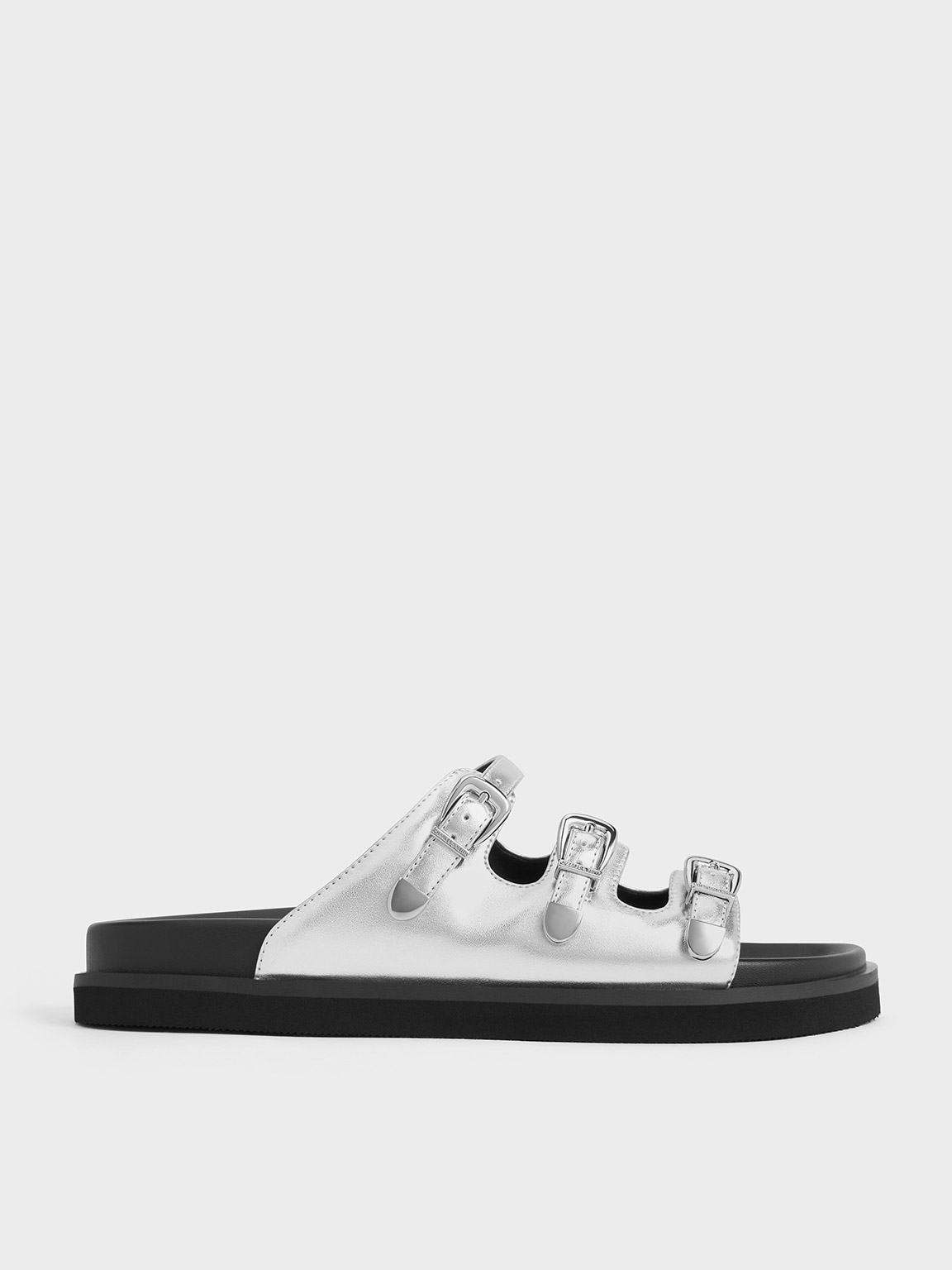 Shop Charles & Keith - Metallic Buckled Triple-strap Sandals In Silver