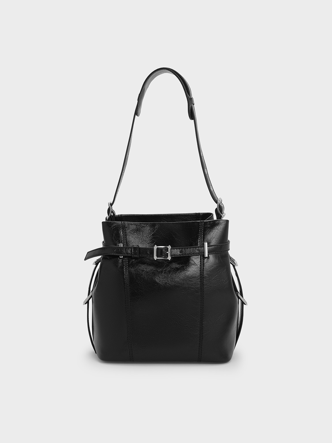 Charles & Keith - Bryna Belted Bucket Bag In Noir