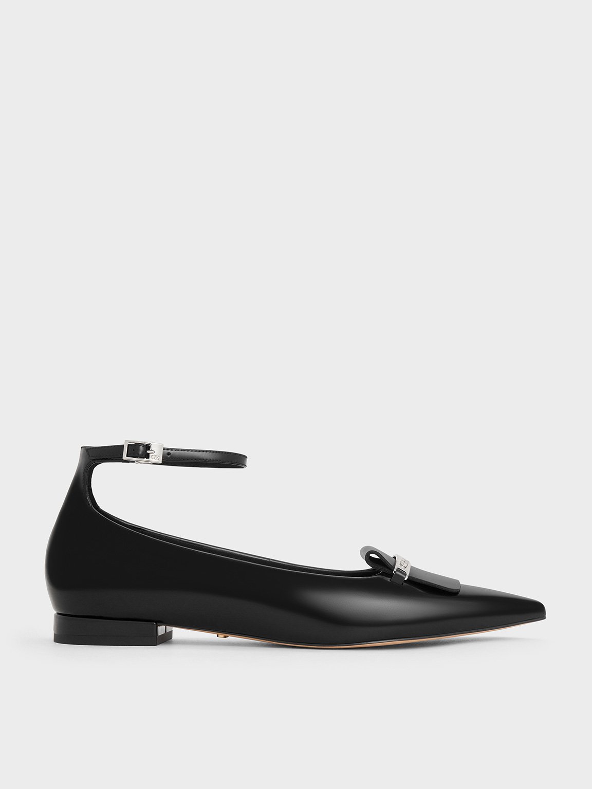 Charles & Keith - Leather Metallic-Accent Pointed-Toe Ankle-Strap Flats