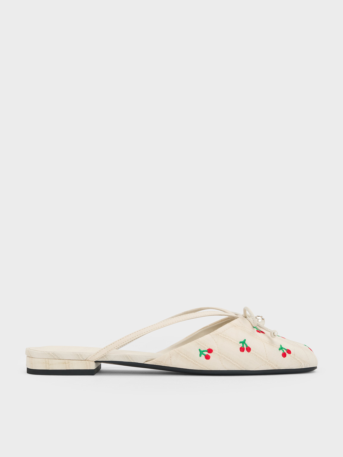 Charles & Keith - Cherry-Print Pearl-Accent Bow Flat Mules