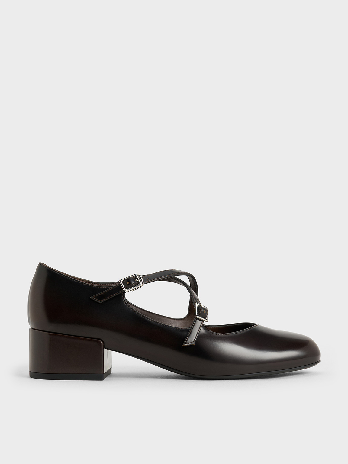 Charles & Keith - Crossover-strap Block-heel Mary Janes In Dark Brown