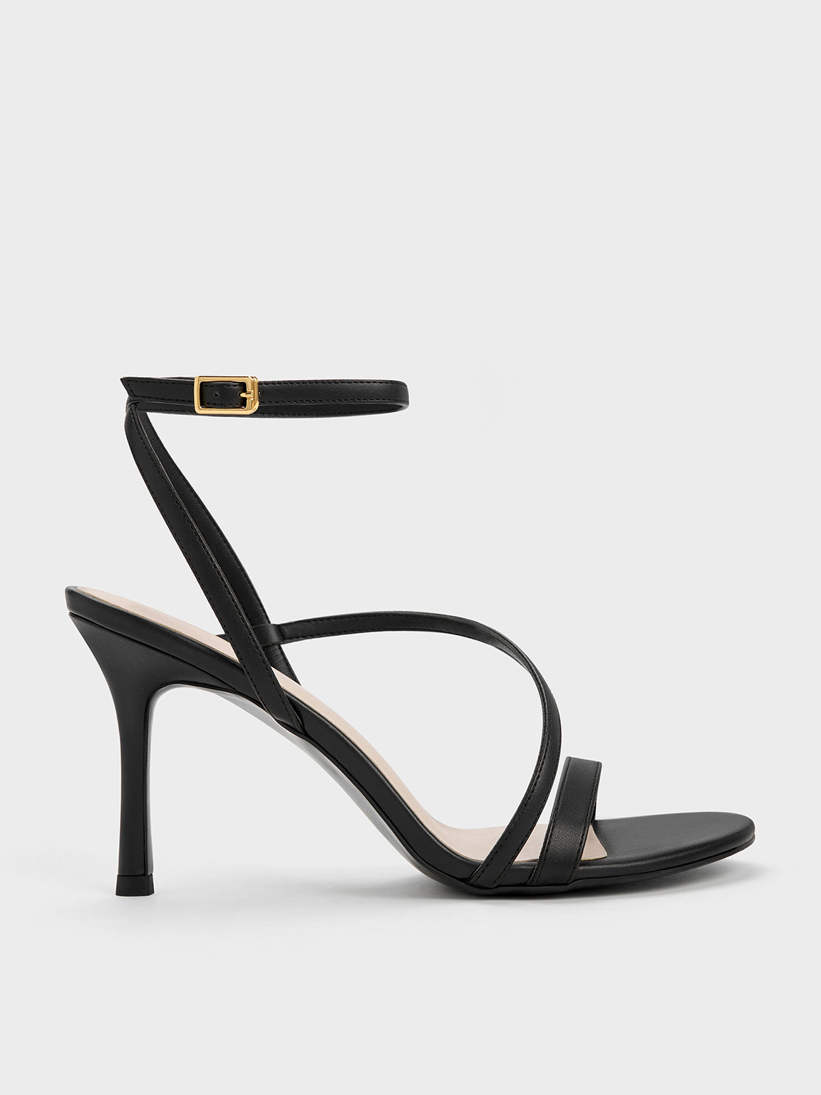 Black Asymmetric Strappy Heeled Sandals - CHARLES & KEITH UK